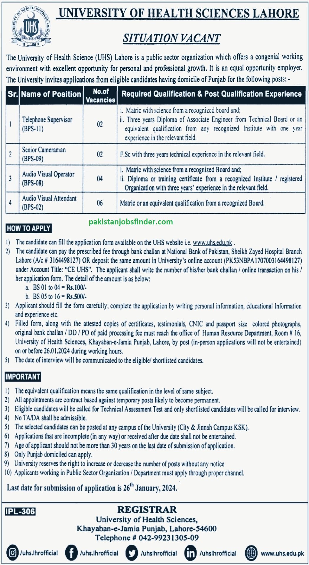 University of Health Sciences Lahore Jobs 2024 Online Application