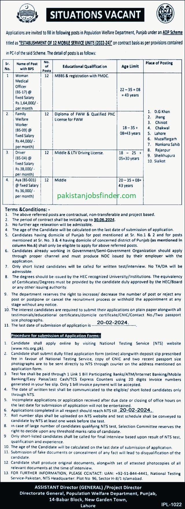 Jobs in punjab population wefare department latest advertisement image 2024